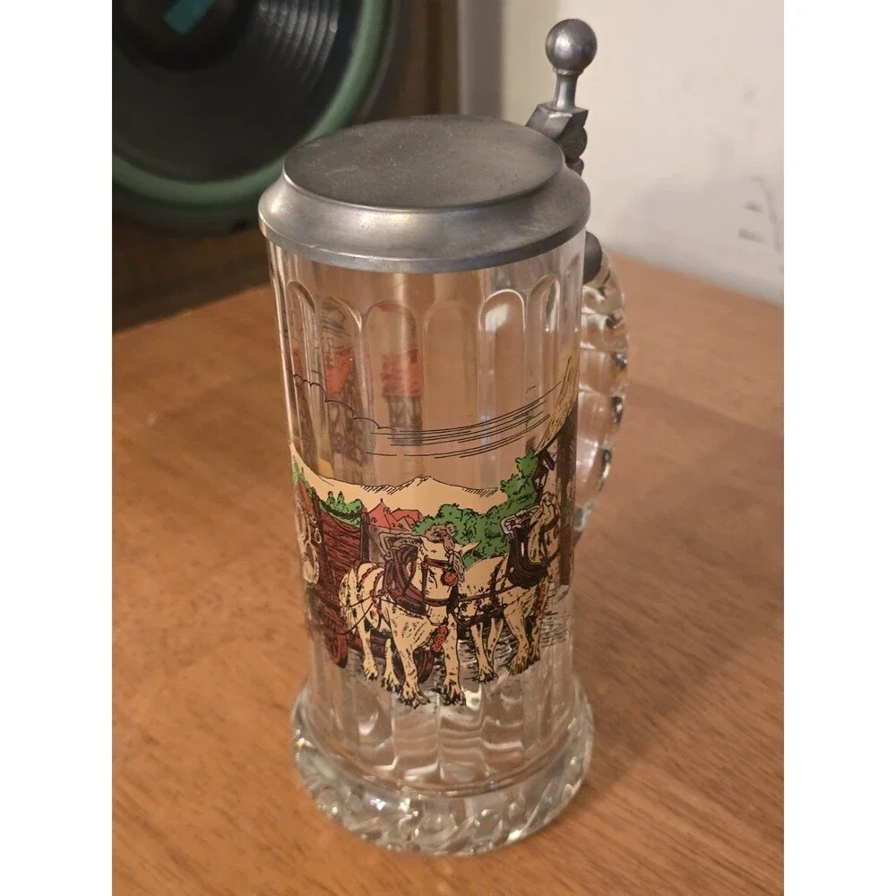​Vintage Rastal German Glass Beer Stein Pewter Lid Horse Drawn Carriage Village